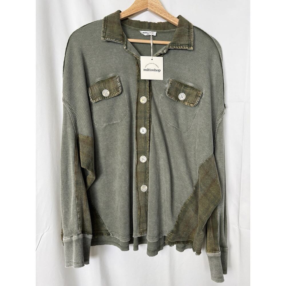 Mittoshop Women's Olive Green Waffle Knit Button Down Shirt Jacket Size M/L